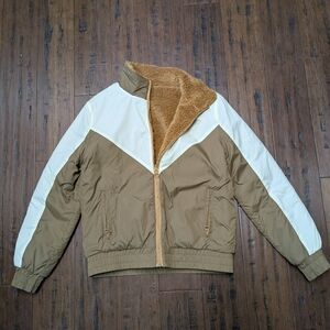Colorblock Quilted Jacket with Sherpa Lining - Tan/White
